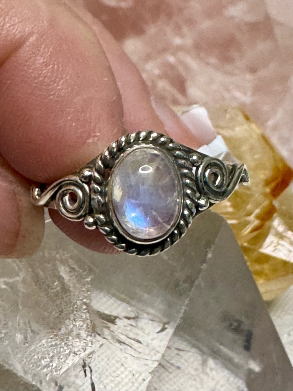 Moonstone Sterling Silver Oval Gemstone Ring in Iridescent White